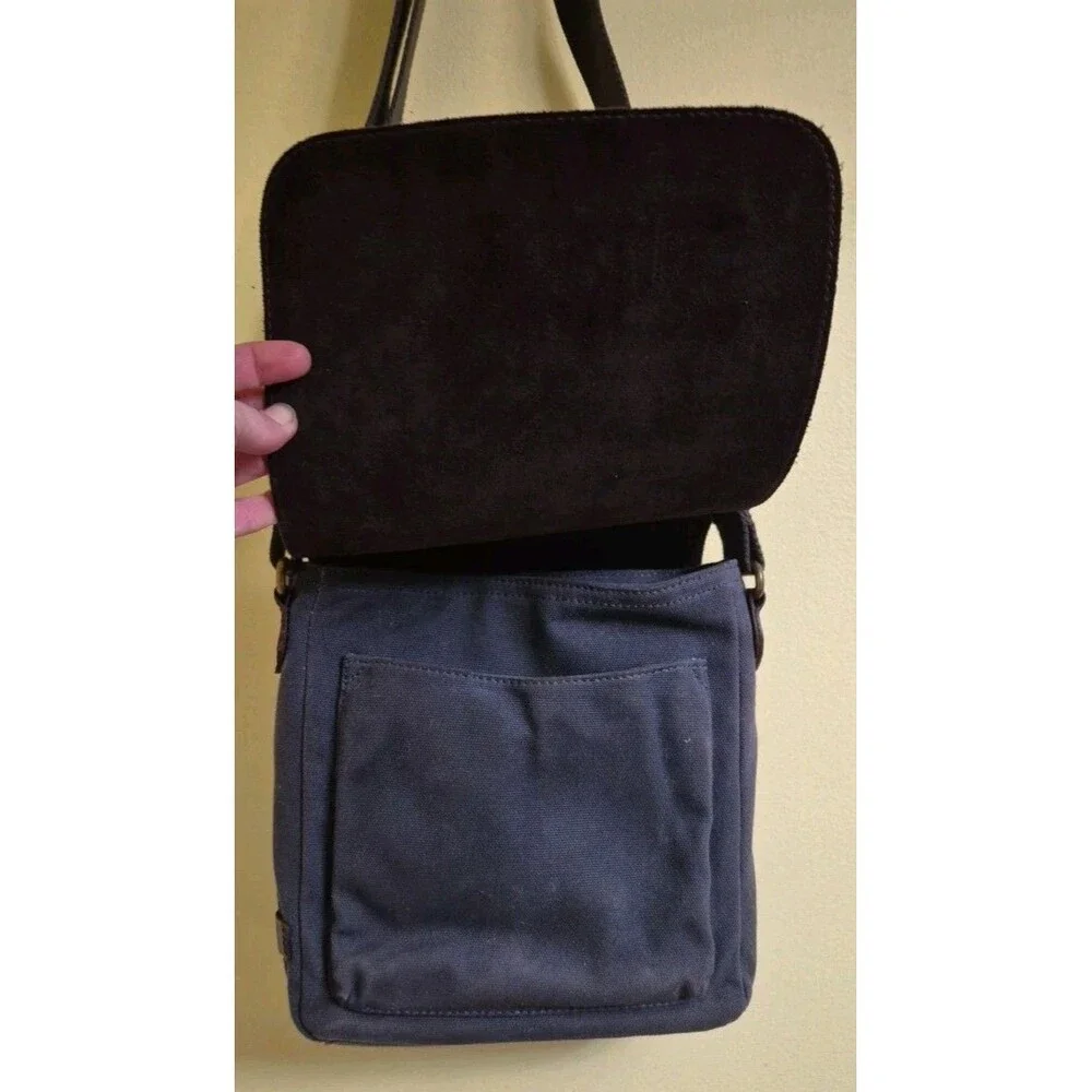 Mens Minimalist North South Crossbody Bag Nash Navy Canvas Brown Leather